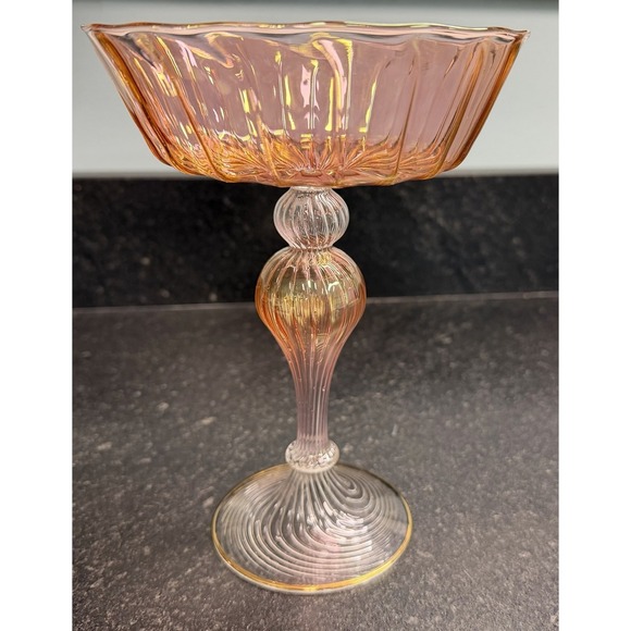 Unmarked Other - Bimini Art Glass Footed Nut Dish Delicate Hollow Stem Swirl Design Compote Champ